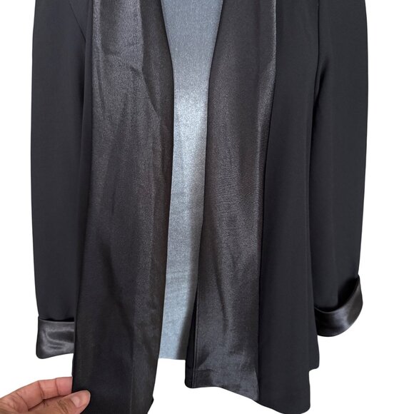 Black Satin-Trim Open Front Jacket By Another Thyme - Picture 2 of 5